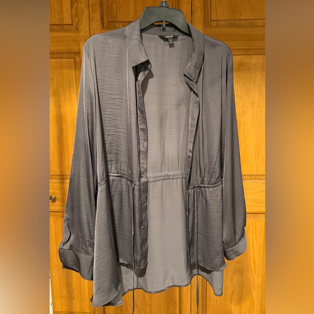 Simply Vera Vera Wang XL Gray Satin Drawstring Duster Cardigan Button Down Blous